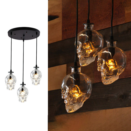 Aeyee 3 Lights Skull Shaped Glass Chandelier, Industrial Glass Pendant Light Fixture, Adjustable Hanging Light for Bedroom, Living Room