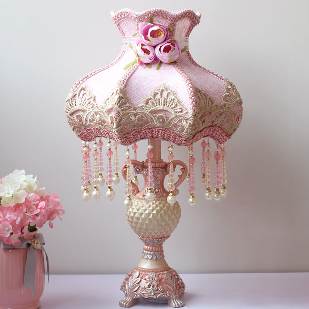 Aeyee Lovely Table Lamp with Fabric Lampshade, Antique Flower Decorative Bedside Desk Lamp, Handmade Pink Night Light for Bedroom Nightstand