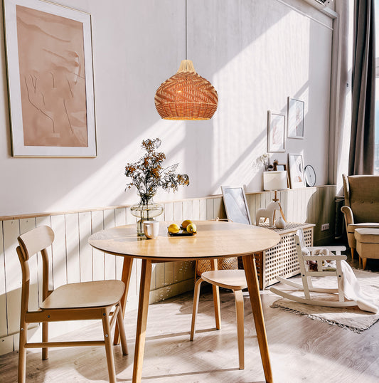 Aeyee Rattan Pendant Light Fixtures, Boho Design Basket Weave Hanging Light with Brown Synthetic Rattan, Woven Rattan Chandelier