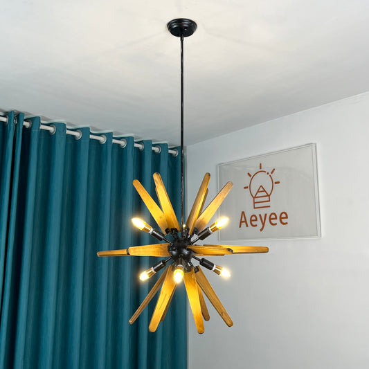 Aeyee Wood Sputnik Chandelier, Rustic 6 Lights Starburst Chandelier, Farmhouse Hanging Light Fixture for Living Room Dining Room