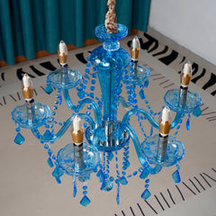 Aeyee Classic Crystal Chandelier, Vintage Candle Pendant Light Fixture, Adjustable Island Lights for Dining Room Foyer in Blue