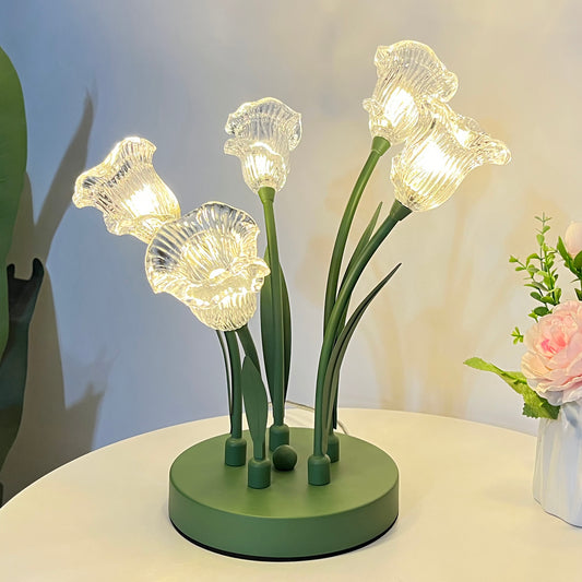 Aeyee Glass Table Lamp, Clear Flower Decorative Bedside Desk Lamp with Green Leaf, 5 Lights Decorative Night Light