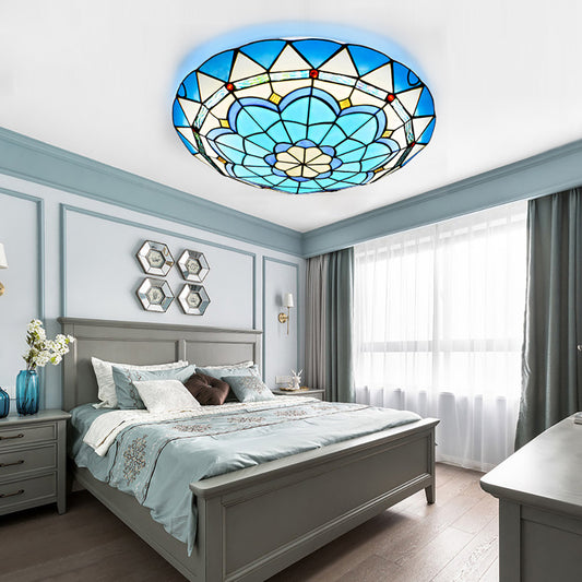 Aeyee Blue Tiffany Ceiling Light, Classy Stained Glass Flush Mount Ceiling Light, Round Ceiling Lamp