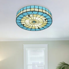 Aeyee Blue Tiffany Ceiling Light, Elegant Stained Glass Flush Mount Ceiling Light, Decorative Round Ceiling Lamp for Bedroom, Entryway
