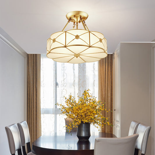 Aeyee Brass Semi-Flush Mount Ceiling Light with Flower Decoration, Elegant Glass Ceiling Light Fixture for Living Room Hall Bedroom