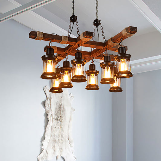 Aeyee Wood Pendant Light Fixture, Industrial 8 Lights Chandelier with Glass Shade, Farmhouse Hanging Light for Game Room Bar Pool Table