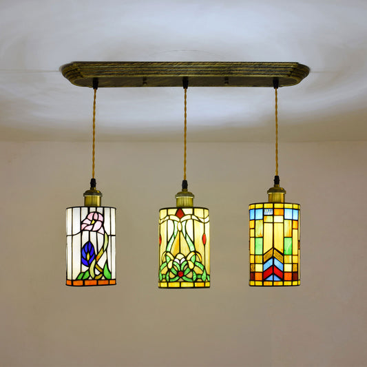 Aeyee Tiffany Ceiling Pendant Light, Cylinder Hanging Light with Stained Glass Shade, 3 Lights Flower Pattern Lighting for Dining Room Living Room