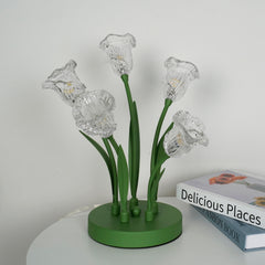 Aeyee Glass Table Lamp, Clear Flower Decorative Bedside Desk Lamp with Green Leaf, 5 Lights Decorative Night Light