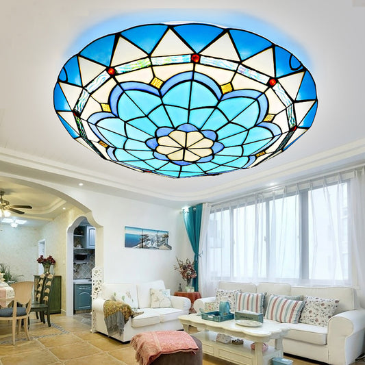 Aeyee Blue Tiffany Ceiling Light, Classy Stained Glass Flush Mount Ceiling Light, Round Ceiling Lamp