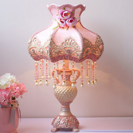 Aeyee Lovely Table Lamp with Fabric Lampshade, Antique Flower Decorative Bedside Desk Lamp, Handmade Pink Night Light for Bedroom Nightstand