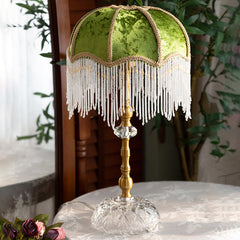 Aeyee Tassel Table Lamp with Green Velvet Shade, Antique Bedside Desk Lamp, Dome Shaped Decorative Lamp for Bedroom Home Office