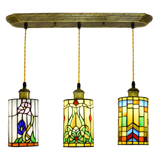 Aeyee Tiffany Ceiling Pendant Light, Cylinder Hanging Light with Stained Glass Shade, 3 Lights Flower Pattern Lighting for Dining Room Living Room