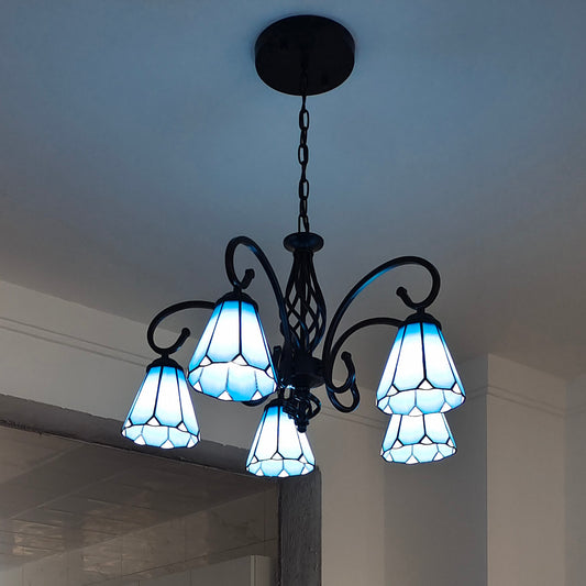 Aeyee Tiffany Pendant Light Fixture, Stained Glass Hanging Light, Vintage Blue Chandeliers for Living Room Stairway Foyer