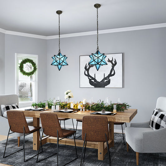 Aeyee Moravian Star Pendant Light Fixture, Stained Glass Hanging Light, Vintage Tiffany Chandeliers for Foyer Kitchen Hallway