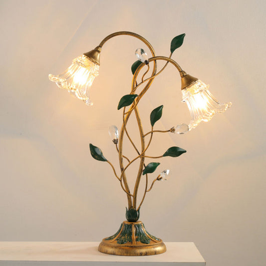 Aeyee Glass Table Lamp, Antique Flower Decorative Bedside Desk Lamp with Green Leaf, Retro Decorative Lamp for Bedroom Home Office Bronze Finish