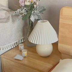 Aeyee Ceramic Table Lamp, Cute Pleated Bedside Lamp with Bulb, Small Night Light for Bedroom Nightstand Cream Finish