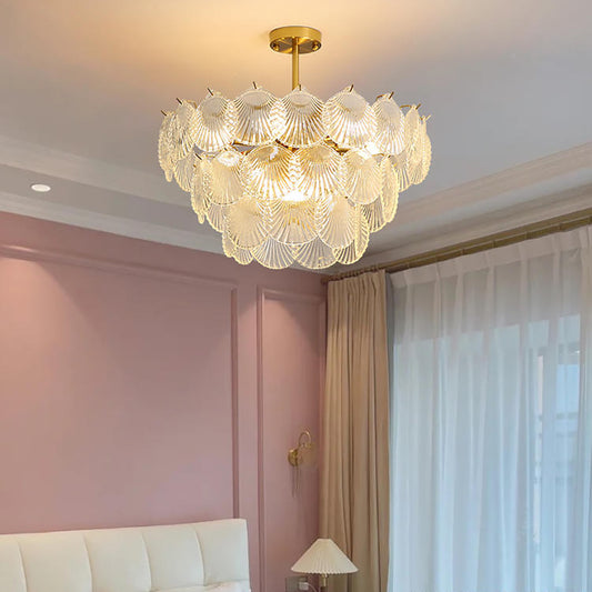 Aeyee Shell Glass Chandelier, Modern Round Pendant Light Fixture, 3-Layer Hanging Light, Luxury Ceiling Pendant Light for Foyer Bedroom