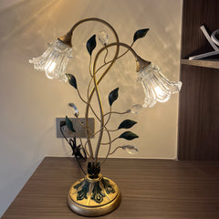 Aeyee Glass Table Lamp, Antique Flower Decorative Bedside Desk Lamp with Green Leaf, Retro Decorative Lamp for Bedroom Home Office Bronze Finish
