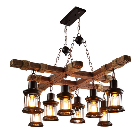 Aeyee Wood Pendant Light Fixture, Industrial 8 Lights Chandelier with Glass Shade, Farmhouse Hanging Light for Game Room Bar Pool Table