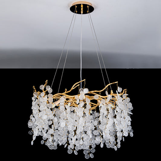 Aeyee Crystal Chandelier, Round Crystal Pendant Fixture, Gold Glass Hanging Light, Modern Tree Branch Chandeliers for Bedroom, Entrance