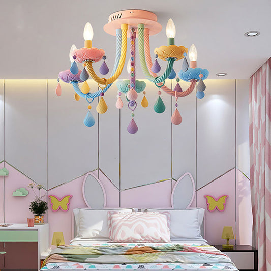 Aeyee Colorful Candle Flush Mount Ceiling Light, Kid's Bedroom Ceiling Light Fixture, 5 Lights Macaron Ceiling Lamp