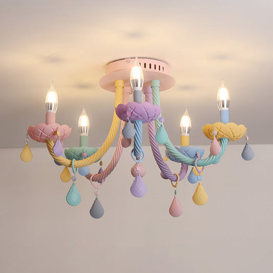 Aeyee Colorful Candle Flush Mount Ceiling Light, Kid's Bedroom Ceiling Light Fixture, 5 Lights Macaron Ceiling Lamp