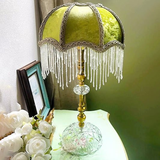Aeyee Tassel Table Lamp with Green Velvet Shade, Antique Bedside Desk Lamp, Dome Shaped Decorative Lamp for Bedroom Home Office