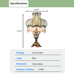 Aeyee Blue Fabric Table Lamp, Antique Flower Decorative Bedside Desk Lamp, Resin Base, Crystal Night Light for Bedroom Nightstand