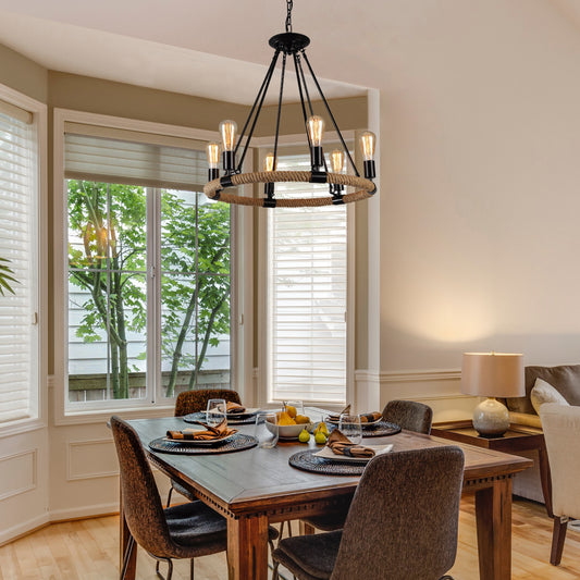 Aeyee Wagon Wheel Chandelier with Hemp Rope Decoration, Industrial Pendant Light Fixture, Farmhouse Fixture, Round Chandeliers