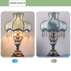 Aeyee Blue Fabric Table Lamp, Antique Flower Decorative Bedside Desk Lamp, Resin Base, Crystal Night Light for Bedroom Nightstand