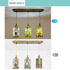 Aeyee Tiffany Ceiling Pendant Light, Cylinder Hanging Light with Stained Glass Shade, 3 Lights Flower Pattern Lighting for Dining Room Living Room
