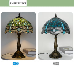 Aeyee Dragonfly Table Lamp, Decorative Bedside Table Lamp with Stained Glass Shade, Classy Bedroom Nightstands Tiffany Lamp Sea Blue Finish