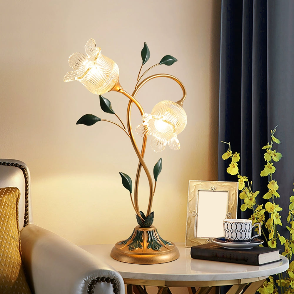 Aeyee Glass Table Lamp, Antique Flower Bedside Desk Lamp with Green Leaf, Vintage Decorative Reading Light for Bedroom Home Office Bronze Finish