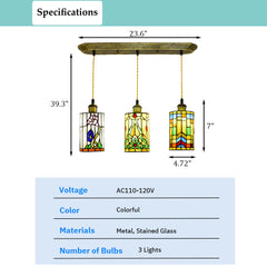 Aeyee Tiffany Ceiling Pendant Light, Cylinder Hanging Light with Stained Glass Shade, 3 Lights Flower Pattern Lighting for Dining Room Living Room