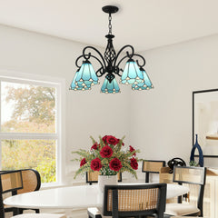 Aeyee Tiffany Pendant Light Fixture, Stained Glass Hanging Light, Vintage Blue Chandeliers for Living Room Stairway Foyer