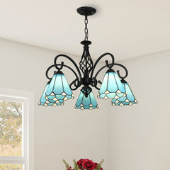 Aeyee Tiffany Pendant Light Fixture, Stained Glass Hanging Light, Vintage Blue Chandeliers for Living Room Stairway Foyer