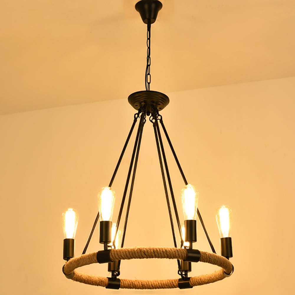 Aeyee Wagon Wheel Chandelier with Hemp Rope Decoration, Industrial Pendant Light Fixture, Farmhouse Fixture, Round Chandeliers