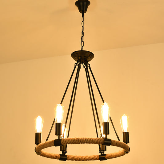 Aeyee Wagon Wheel Chandelier with Hemp Rope Decoration, Industrial Pendant Light Fixture, Farmhouse Fixture, Round Chandeliers