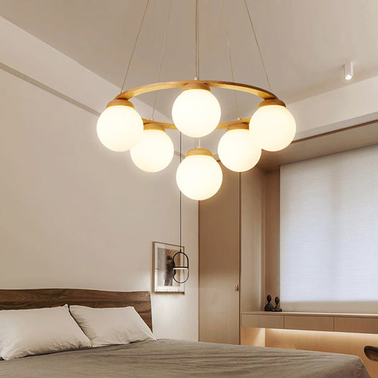 Aeyee Glass Globe Chandelier, Wood Pendant Light Fixture, Round Chandelier, Modern Hanging Light for Dining Room, Living Room