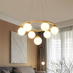 Aeyee Glass Globe Chandelier, Wood Pendant Light Fixture, Round Chandelier, Modern Hanging Light for Dining Room, Living Room