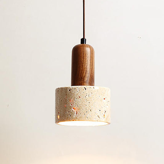 Aeyee Stone Pendant Lamp, Modern Walnut Wood Decoration Hanging Light, Small Yellow Travertine Pendant Lamp for Farmhouse Kitchen Island