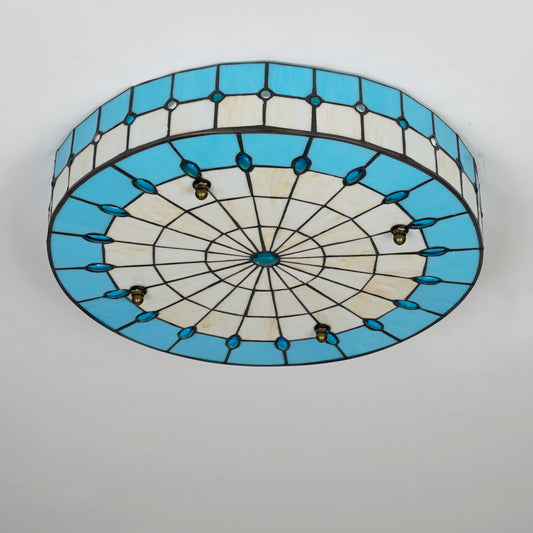 Aeyee Blue Tiffany Ceiling Light, Elegant Stained Glass Flush Mount Ceiling Light, Decorative Round Ceiling Lamp for Bedroom, Entryway