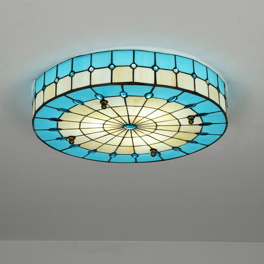 Aeyee Blue Tiffany Ceiling Light, Elegant Stained Glass Flush Mount Ceiling Light, Decorative Round Ceiling Lamp for Bedroom, Entryway