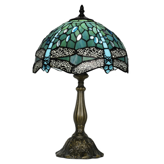 Aeyee Dragonfly Table Lamp, Decorative Bedside Table Lamp with Stained Glass Shade, Classy Bedroom Nightstands Tiffany Lamp Sea Blue Finish