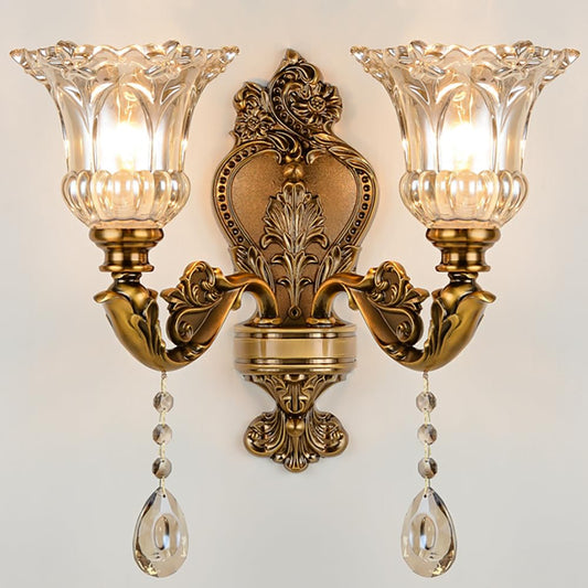 Aeyee Vintage Wall Sconce, Elegant Brass Wall Light, Crystal Floral Bedside Wall Lamp for Entrance, Bedroom, Hallway