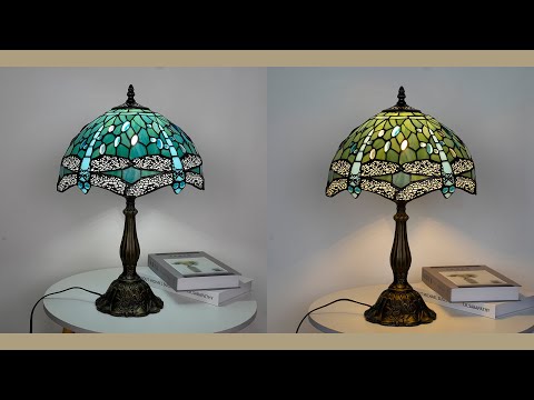 Aeyee Dragonfly Table Lamp, Decorative Bedside Table Lamp with Stained Glass Shade, Classy Bedroom Nightstands Tiffany Lamp Sea Blue Finish