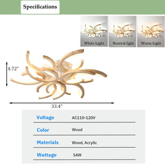 Aeyee Flower Shaped Flush Mount Ceiling Light, Wood Ceiling Light Fixture, Remote Control, Dimmable LED Ceiling Lamp for Bedroom Entryway
