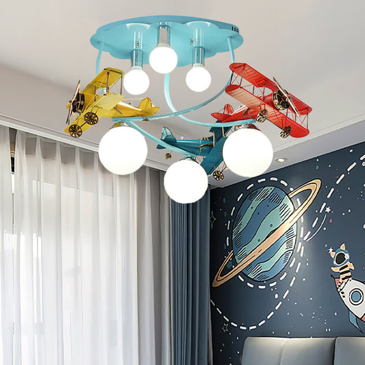Aeyee Children's Bedroom Ceiling Light, Blue Aircraft Chandelier with Glass Shade, 6 Lights Cartoon Boys Ceiling Light