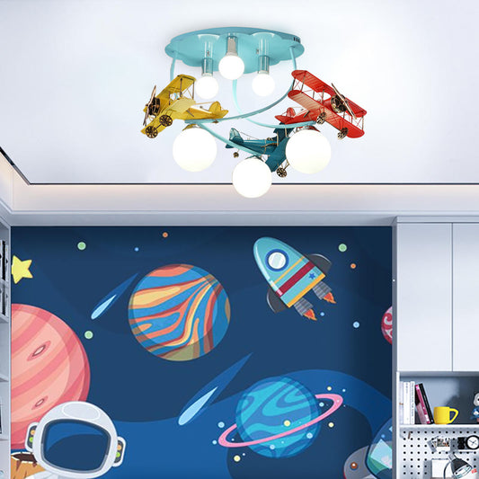 Aeyee Children's Bedroom Ceiling Light, Blue Aircraft Chandelier with Glass Shade, 6 Lights Cartoon Boys Ceiling Light