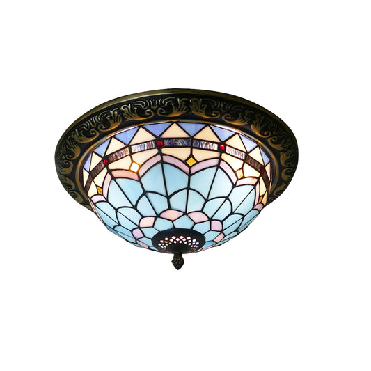 Tiffany Flush Mount Ceiling Light - Aeyee Classy Blue Ceiling Light, Round Stained Glass Ceiling Light for Bedroom, Entrance